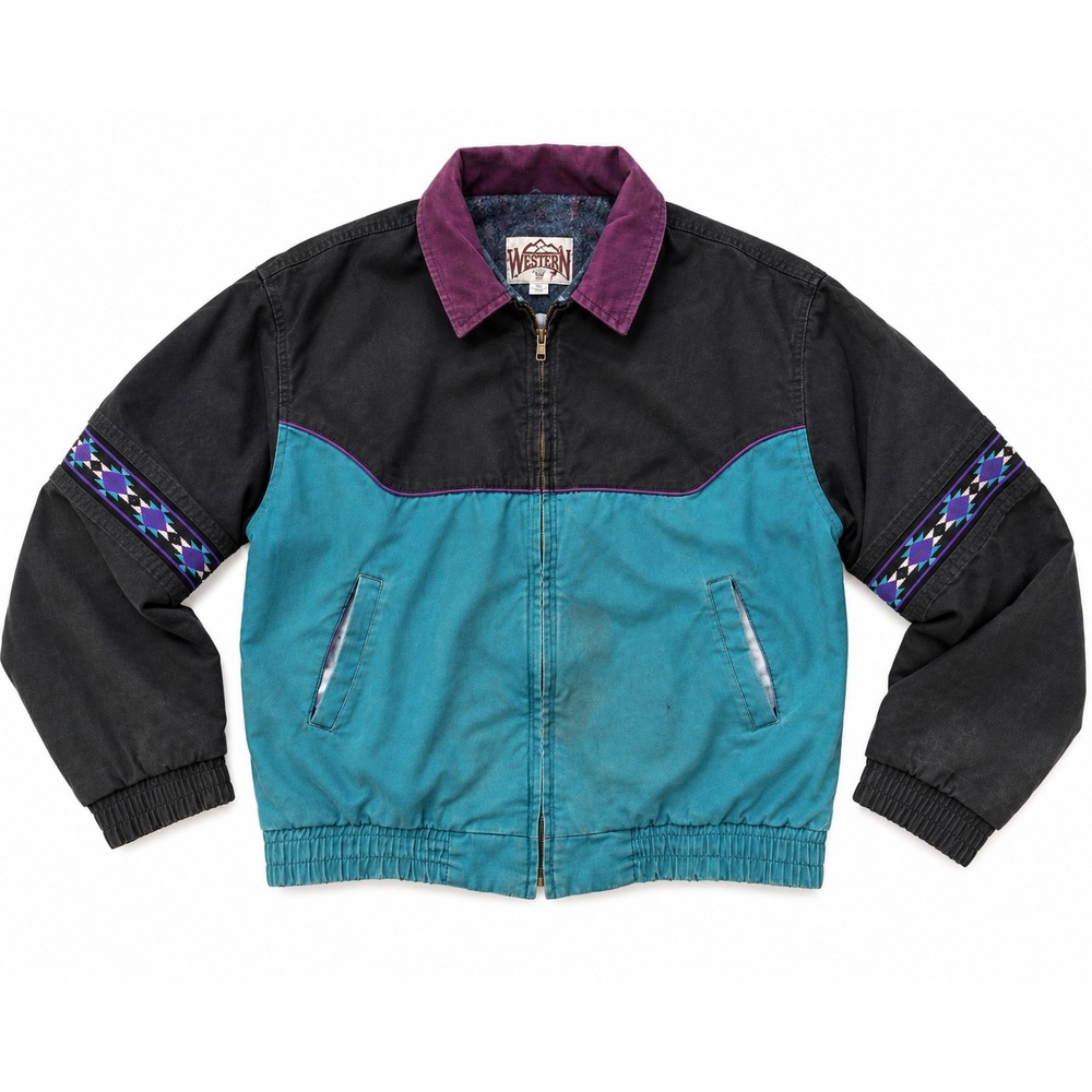 90s Western Jacket Aztec Bomber Mens L Teal Black Southwestern Thrasher USA